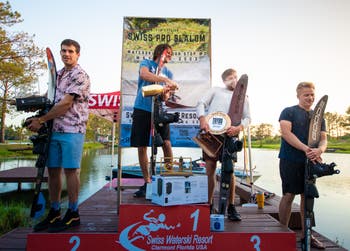 Swiss Pro Slalom 2023 Men's podium. L-R Freddie Winter, Nate Smith, Rob Hazelwood (with Dane Mechler in 5th). Photo date: 7 May 2023. Credit: John Waldron