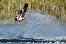 GB's Joel Poland competing in trick waterskiing at the 2021 World Waterski Championships, Florida. Photo credit: David Crowder. Photo date: October 2021