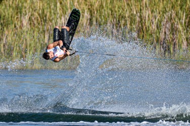 GB's Joel Poland competing in trick waterskiing at the 2021 World Waterski Championships, Florida. Photo credit: David Crowder. Photo date: October 2021