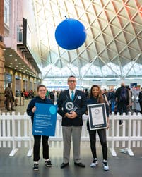 EDITORIAL USE ONLY Diabetes duo Anita and Georgia from London, set the Guinness World Record for keeping a balloon in the air at Kings Cross station this weekend in celebration of World Diabetes Day and theÊ#BlueBalloonChallenge - an online challenge currently raising funds for diabetes charity, Life for a Child.