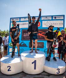 GB's Will Asher wins the Kaiafas Battle men's water ski slalom in Greece on 10th July 2022. GB's Freddie Winter (left) is second and Italy's Matteo Luzzeri third.