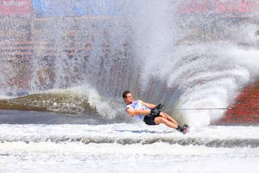 GB's Freddie Winter winning silver in men's slalom at the 2023 Moomba Masters in Melbourne, Australia. Photo credit: Will Robertson. Photo date: Monday 13 March 2023