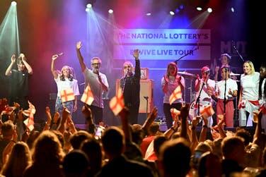 The National Lottery presents a special performance of 'Three Lions' with the Lightning Seeds, David Baddiel, Chelcee Grimes and Lioness legends, at the Electric Ballroom on July 30, 2022 in London, England.