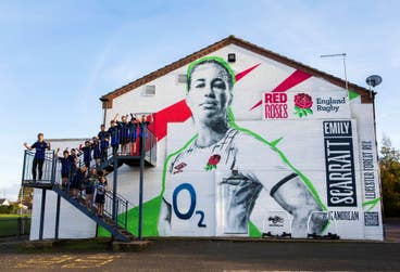 EDITORIAL USE ONLY Junior members of Leicester Forest RFC attend the unveiling of a mural of England Rugby player, Emily Scarratt, commissioned by England Rugby and O2, in Leicester ahead of Red Roses’ game against Australia on Sunday in New Zealand. Issue date: Friday October 28, 2022. PA Photo.