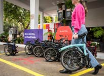 EDITORIAL USE ONLY General views of a former petrol station in London that has been taken over by Brompton to demonstrate how urban spaces can be adapted to support the reduction of carbon emissions ahead of World Car Free Day 2022. Picture date: Wednesday September 21, 2022. PA Photo. The petrol station, which has been re-purposed for September 22 only, features test ride and track facilities for both standard and electric Bromptons, a Bike Hire dock, a consultation station with climate charity ‘Possible’, refreshments for morning commuters, and alcohol-free beer in the evening for those heading home.