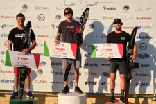 San Gervasio Pro Am men's water ski slalom podium. L-R Sacha Descuns (FRA), Nate Smith (USA), Will Asher (GB), 3rd July 2022