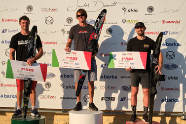 San Gervasio Pro Am men's water ski slalom podium. L-R Sacha Descuns (FRA), Nate Smith (USA), Will Asher (GB), 3rd July 2022