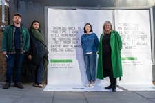 EDITORIAL USE ONLY (L-R) Warrington Foodbank volunteer Ben Pennell, Singer/songwriter Joy Crookes, Actor Charlotte Ritchie and Trussell Trust CEO Emma Revie stand next to a section of giant receipt printed from a billboard installation near Finsbury Park Tube station in London, commissioned by the Trussell Trust and the Joseph Rowntree Foundation as part of their ‘It Doesn’t Add Up Campaign’, aiming to highlight issues following the launch of the new Universal Credit amount. Picture date: Tuesday April 4, 2023. PA Photo. The different parts of the receipt, which include personal cost of living crisis stories, actual costs of essentials, and messages of anger, will be torn off and pasted up on display in the area around the billboard