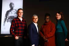 EDITORAL USE ONLY (Left to Right) Artist Dryden Goodwin, Mayor of London Sadiq Khan, Rosamund Adoo-Kissi-Debrah, and Invisible Dust Producer Lucy Wood watch a projection of ‘Breathe For Ella’, a new iteration of Dryden Goodwin’s artwork produced by art-science organisation Invisible Dust, which depicts Rosamund Adoo-Kissi-Debrah CBE, the mother of Ella Adoo-Kissi-Debrah, ‘fighting for breath’ at Rambert Building, in London. Picture date: Wednesday February 15, 2023. PA Photo. Ella died from a fatal asthma attack in 2013 and was the first person in the world to have 'air pollution' as a cause of death. The night projection, which is on display to the public until Saturday morning, commemorates the 10-year anniversary of her death and seeks to encourage support for ‘Ella’s Law’ (The Clean Air Bill).