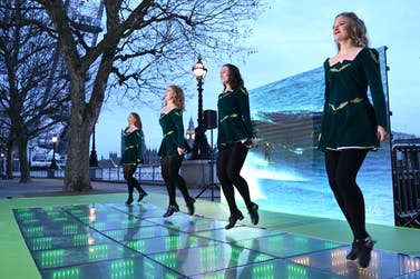 EDITORIAL USE ONLY Irish dancers perform on Tourism Ireland’s ‘greenest’ dance floor, a pop-up kinetic dance floor on London’s South Bank to celebrate St Patrick’s Day. Picture date: Friday March 17, 2023. The dance floor, which generates energy from the dancers’ movement to light up green and to show landscapes from the island of Ireland, opens early this morning for a limited time as part of the capital’s St Patrick’s Day celebrations.