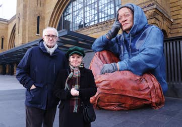 *** FREE FOR EDITORIAL USE *** Crisis Ambassadors and award winning actors Imelda Staunton and Jonathan Pryce unveils a giant, hyper-real sculpture of a person experiencing homelessness at London King’s Cross station, with the powerful protest coming after new research revealed 300,000 households could be left homeless next year