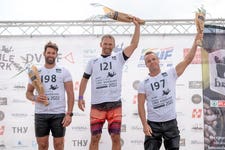 Veteran Men Wakeboard podium at the 2022 European & African Cable Wakeboard & Wakeskate Championships L-R: GB's Ade Clayton (silver), Poland's Marcin Mackowski (gold), GB's David Broadway (bronze)