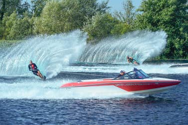 The Duel, a spectacular professional parallel water ski slalom will take place in Cirencester on 23 & 24 July. Photo from the 2021 test event.