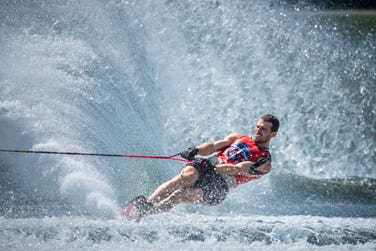 GB's Freddie Winter on his way to winning the men's slalom title at the 2022 MasterCraft Pro in Florida, USA. Photo date 24 September 2022