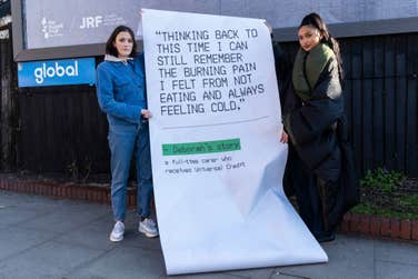 EDITORIAL USE ONLY (L-R) British actor Charlotte Ritchie and Singer/songwriter Joy Crookes hold a giant receipt printed from a billboard installation near Finsbury Park Tube station in London, commissioned by the Trussell Trust and the Joseph Rowntree Foundation as part of their ‘It Doesn’t Add Up Campaign’, aiming to highlight issues following the launch of the new Universal Credit amount. Picture date: Tuesday April 4, 2023. PA Photo. The different parts of the receipt, which include personal cost of living crisis stories, actual costs of essentials, and messages of anger, will be torn off and pasted up on display in the area around the billboard.