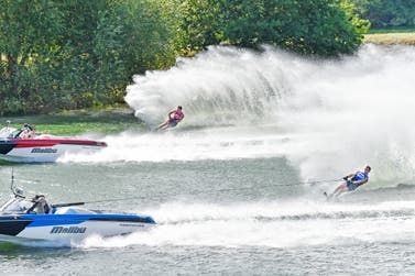 GB's Freddie Winter (red) takes on GB's Will Asher in the final of The Duel, a spectacular and unique parallel slalom competition held at Cirencester Water Ski Club in Gloucestershire on Sunday 25th July 2022. Winter was crowned King of the Duel.