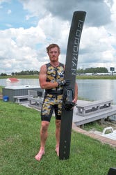 GB's Jack Critchley who won a professional night waterski jump competition, the LA Night Jam in Louisiana , USA, at the weekend. Photo date: May 2023. Credit: James Timothy